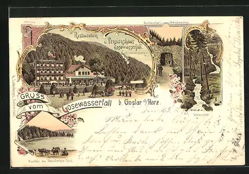 Lithographie Goslar / Harz, Restaurant-Pension Gosewasserfall, Stollenpfad, Herzberger Teich