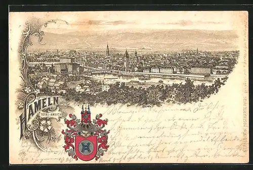 Lithographie Hameln, Totalansicht mit Fernblick