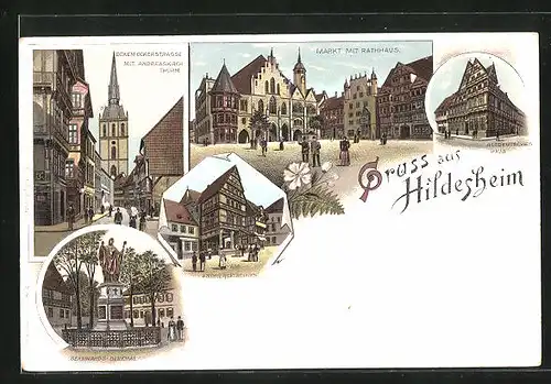 Lithographie Hildesheim, Eckemeckerstrasse mit Andreaskirchturm, Bernwards-Denkmal