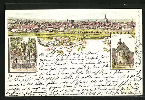 Lithographie Hildesheim, 1000 jähr. Rosenstock, St. Bernward Denkmal, Totalansicht