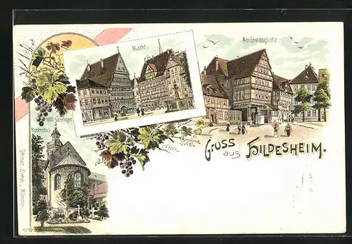 Lithographie Hildesheim, Andreasplatz, Markt, 1000 jähriger Rosenstock