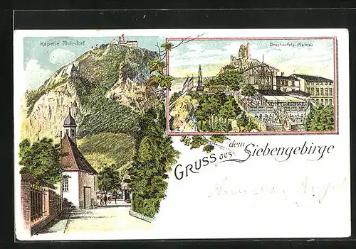 Lithographie Bad Honnef, Strassenpartie mit Kapelle Rhöndorf, Drachenfels-Plateau mit Gasthaus