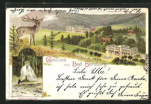 Lithographie Bad Harzburg, Hotel Harzburger Hof mit Wasserfontaine, Radau-Wasserfall