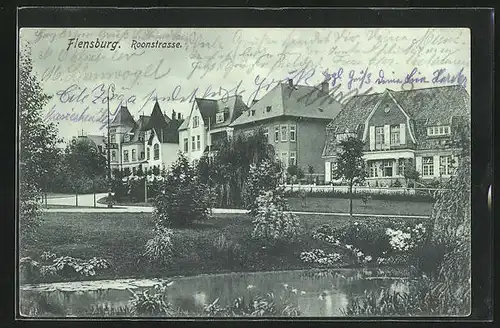 AK Flensburg, Roonstrasse mit Teich