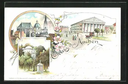 Lithographie Aachen, Ortspartie mit Halle, Kirche, Kuppelbau