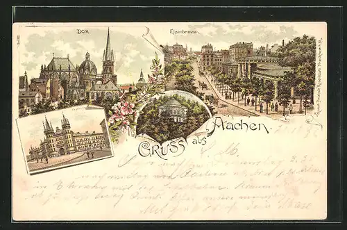 Lithographie Aachen, Dom, Kasernen, Elisenbrunnen