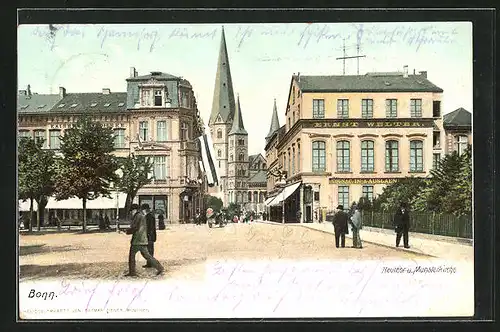 AK Bonn, Neutor und Münsterkirche mit Geschäft
