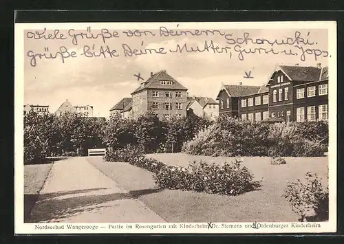 AK Wangerooge, Partie im Rosengarten mit Kinderheim Dr. Siemens u. Oldenburger Kinderheim