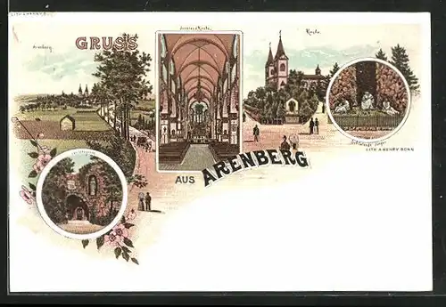 Lithographie Arenberg, Kirche, Ortsansicht