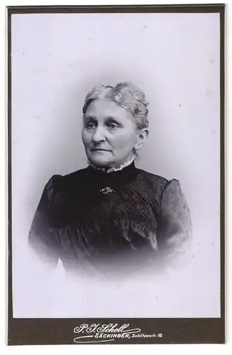 Fotografie P. J. Schell, Säckingen, Schützenstrasse 10, Portrait ältere Dame im hübschen Kleid