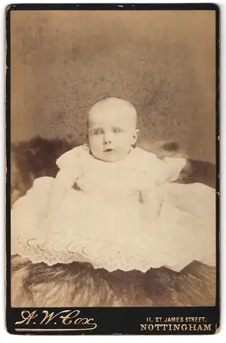 Fotografie A. W. Cox, Nottingham, 11, St. James Street, Portrait niedliches Baby im weissen Kleid auf Fell sitzend