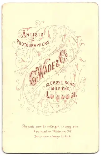 Fotografie G. Wade & Co, London, Grove Rd. 12, Frau mit gelocktem Haar trägt gemustertes Kleid mit Zierkragen