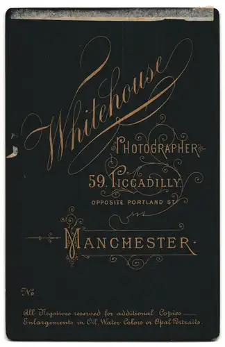 Fotografie Whitehouse, Manchester, Piccadilly 59, Junge Dame mit gestreiftem Kleid lehnt auf Felldecke