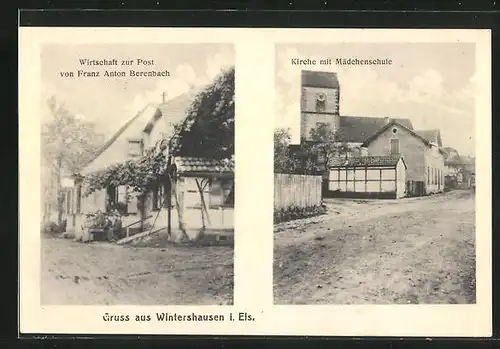 AK Wintershausen i. Els., Wirtschaft zur Post, Kirche mit Mädchenschule