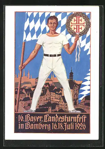 Künstler-AK Bamberg, 16. Bayerisches Landesturnfest 1926, Turner mit Landesfahne, Ganzsache Deutsches Reich