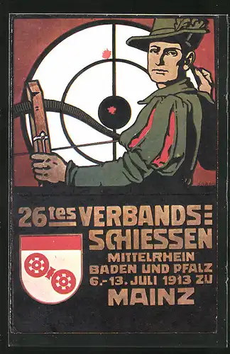 Künstler-AK Ganzsache PP27C188 /01: Mainz, 26. Verbands-Schiessen Mittelrhein Baden und Pfalz 1913, Armbrustschütze