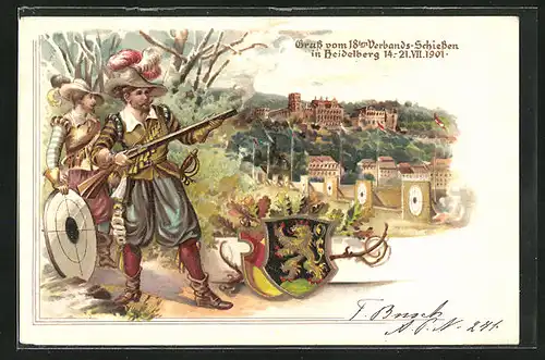 Lithographie Ganzsache PP15C29 /02: Heidelberg, 18. Verbands-Schiessen 1901, Schütze nach dem Schuss