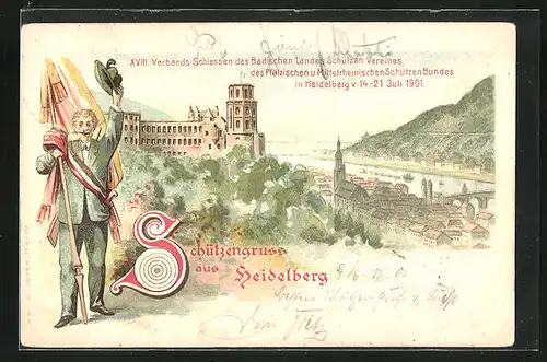 Lithographie Ganzsache PP15C29 /01: Heidelberg, 18. Verbands-Schiessen 1901, Panorama der Stadt