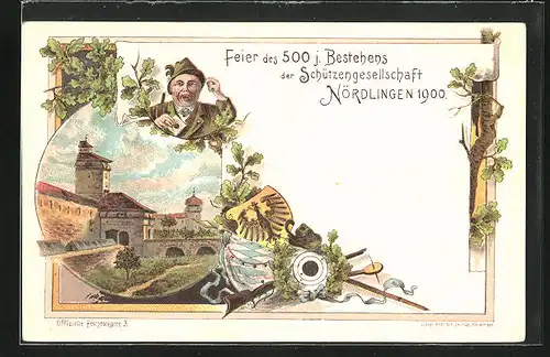 Lithographie Ganzsache Bayern PP15C25 /03: Nördlingen, 500 jähriges Bestehen der Schützengesellschaft 1900