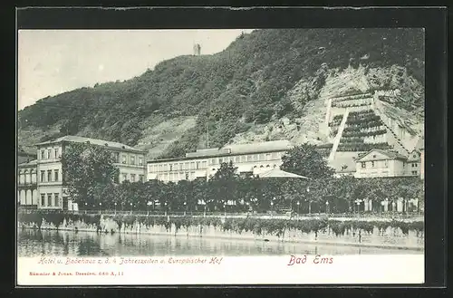 AK Bad Ems, Hotel und Badehaus z.d.4 Jahreszeiten und Europäischer Hof, Ansicht vom Fluss aus