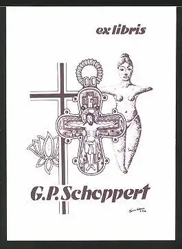 Exlibris G. P. Schoppert, Fruchtbarkeitspuppe, Jesus am Kreuz