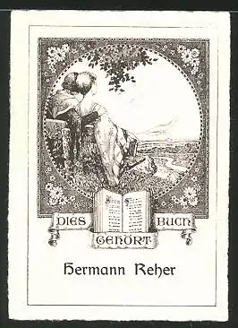 Exlibris Hermann Reher, Verliebtes Paar sitzt auf Bank