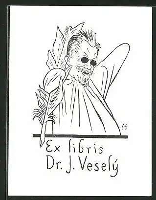 Exlibris Dr. J. Veselý, Mann mit Sonnbrille und Blatt