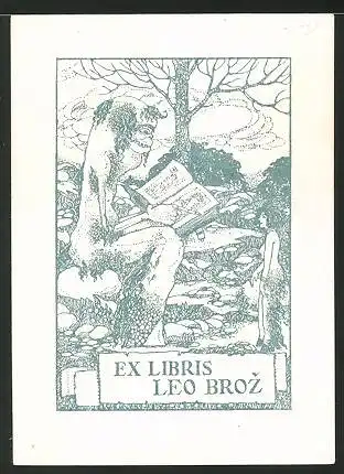 Exlibris Leo Broz, Kreatur beim Lesen auf einem Stein
