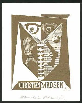 Exlibris Christian Madsen, Buch mit Brille und Pistole