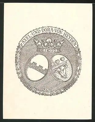 Exlibris Axel u. Dora von Heyden, Wappen mit Krone, Kuhkopf und Herzen