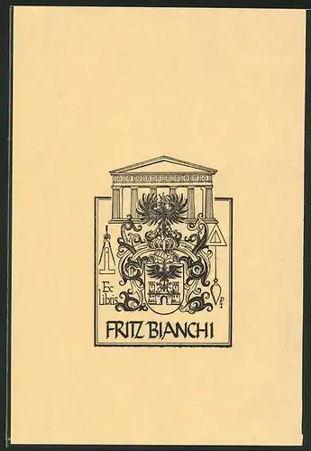 Exlibris Fritz Bianchi, Wappen mit Adler und Burg