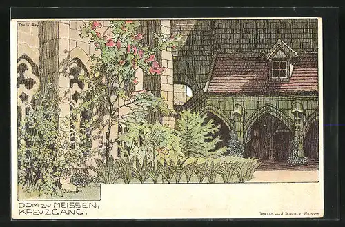 Lithographie Meissen, Kreuzgang am Dom