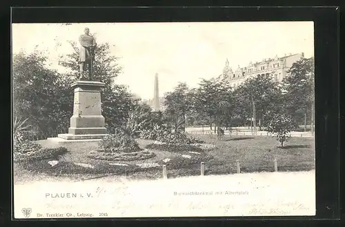 AK Plauen i.V., Bismarckdenkmal mit Albertplatz