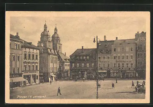 AK Plauen i.V., Altmarkt mit Geschäften und Kirche