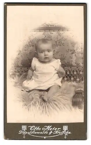 Fotografie Otto Meier, Dippoldiswalde, Niederthorstr., Portrait süsses Kleinkind im weissen Hemdchen auf Fell sitzend