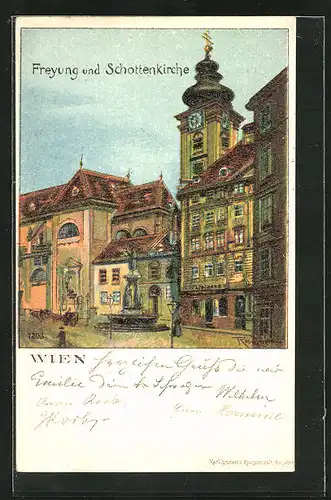 Lithographie Wien, Freyung und Schottenkirche
