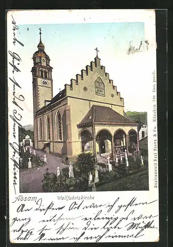 AK Absam, Wallfahrtskirche mit glänzenden Fenstern
