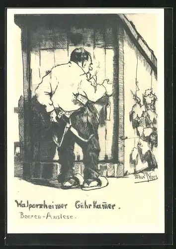 Künstler-AK sign. R. Bloos: Wein-Allegorie, Walporzheimer Gährkammer - Beeren-Auslese, Reihe Wein Nr. 11