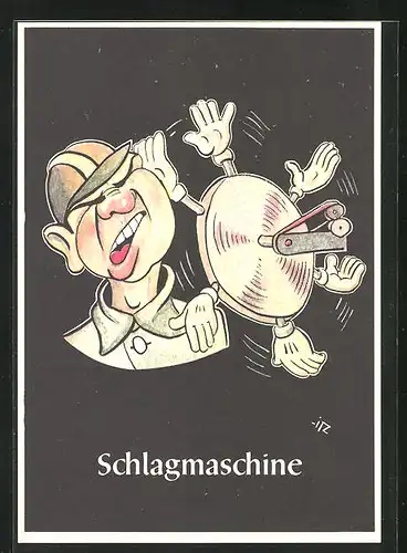 Künstler-AK sign. H. Moritz: Lustige Gezähekiste - 48 bergmännische Begriffe, Bild 27, Schlagmaschine