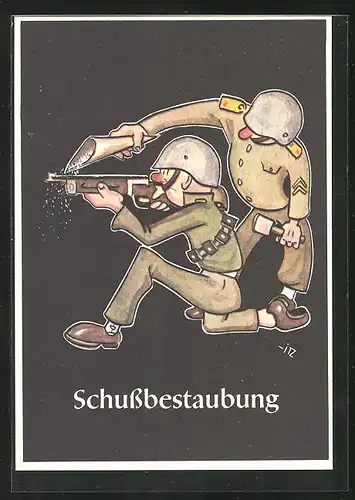 Künstler-AK sign. H. Moritz: Lustige Gezähekiste - 48 bergmännische Begriffe, Bild 24, Schussbestaubung