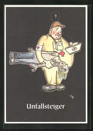 Künstler-AK sign. H. Moritz: Lustige Gezähekiste - 48 bergmännische Begriffe, Bild 31, Unfallsteiger