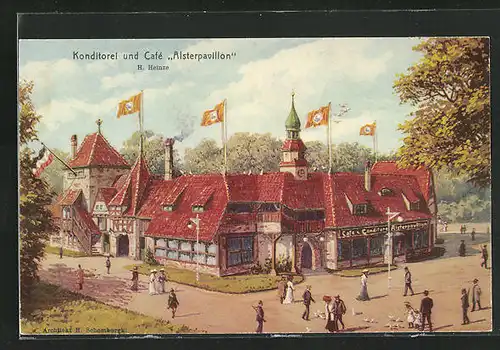 Künstler-AK Hamburg, 16. Deutsches Bundesschiessen 1909, Konditorei und Café Alsterpavillon