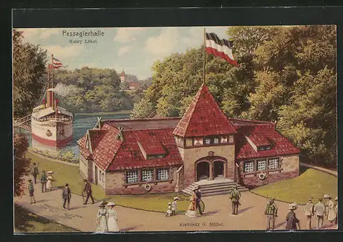 Künstler-AK Hamburg, 16. Deutsches Bundesschiessen 1909, Passagierhalle und Dampfer