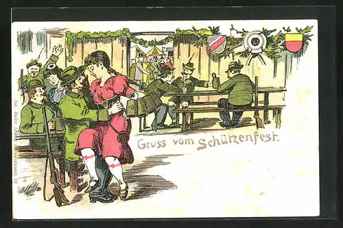 Lithographie Gruss vom Schützenfest, Schütze bandelt mit der Wirtin an