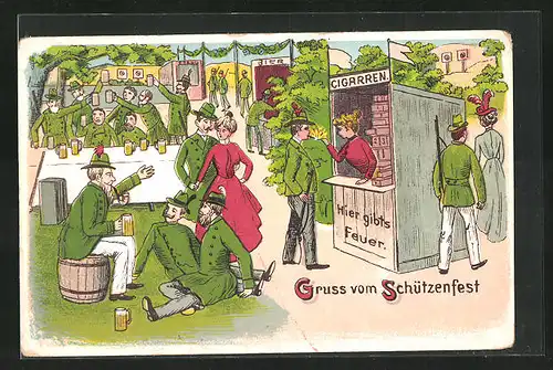 Lithographie Gruss vom Schützenfest, Zechende Schützen am Cigarrenbüdchen