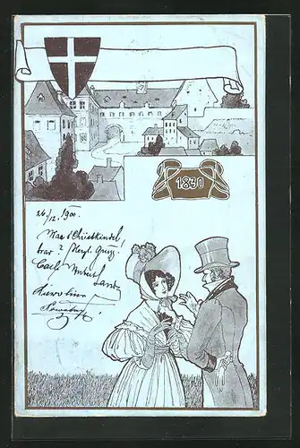AK Ortspartie mit einem Paar im Biedermeierstil, 1830