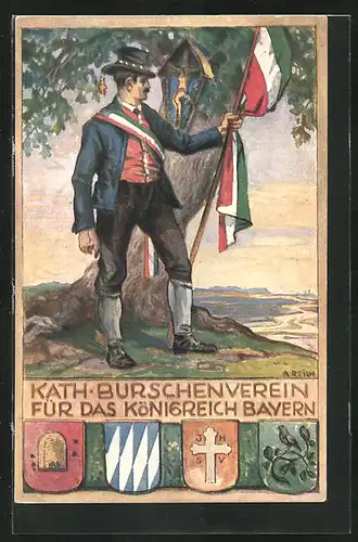 AK Kath. Burschenverein für das Königreich Bayern, Mann mit Fahne vor Jesuskreuz, Wappen