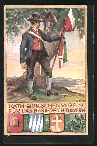 AK Kath. Burschenverein für das Königreich Bayern, Mann mit Fahne vor Jesuskreuz, Wappen