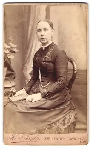 Fotografie H. J. Taylor, London, 335, Kentish Town Road, Portrait bürgerliche Dame mit Buch auf Stuhl sitzend