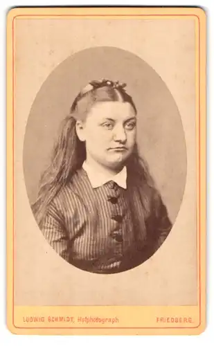Fotografie Ludwig Schmidt, Friedberg, Schulstr. 357, Portrait beleibte, langhaarige Frau in gestreifter Bluse